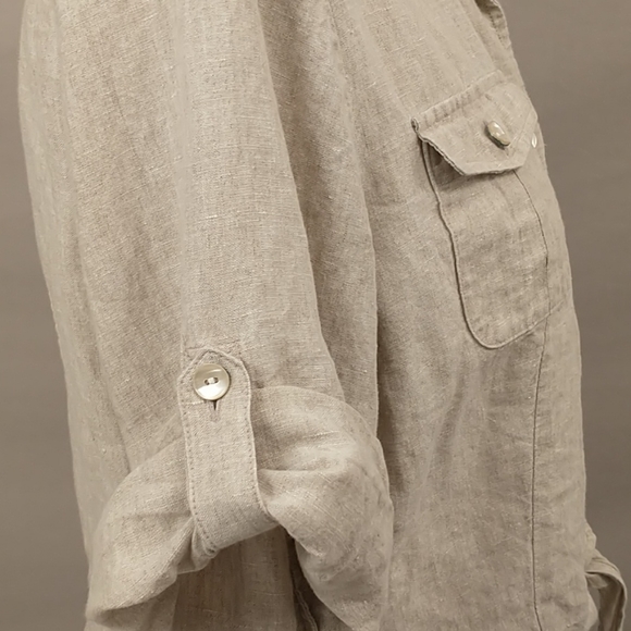 Natural 100% Linen Short Tie Front Top Sexy Safari Neutral Shirt 41" Bust MrkLg - Picture 4 of 13